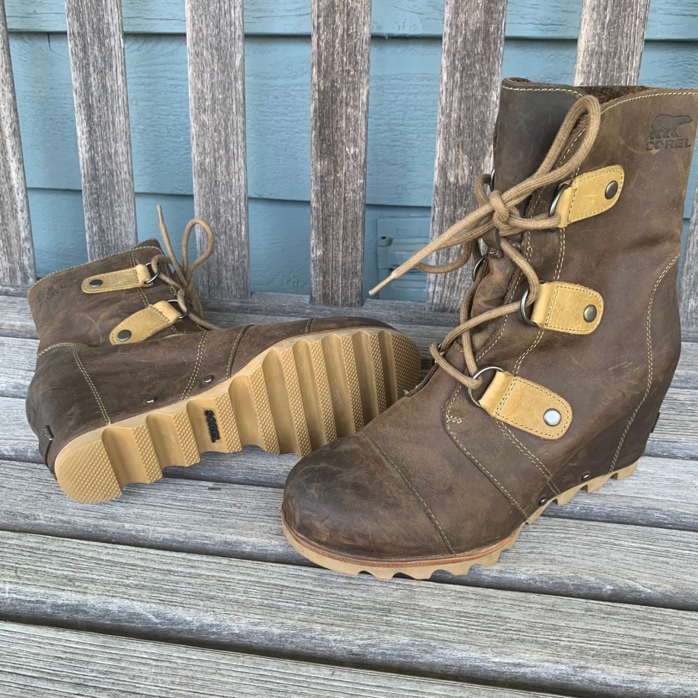 Sorel Joan of Arctic Wedge II Boots Womens 8.5 Brown Leather Waterproof Lace Up